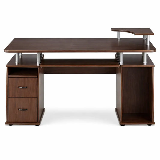 Bureau informatique avec espace de rangement et étagères