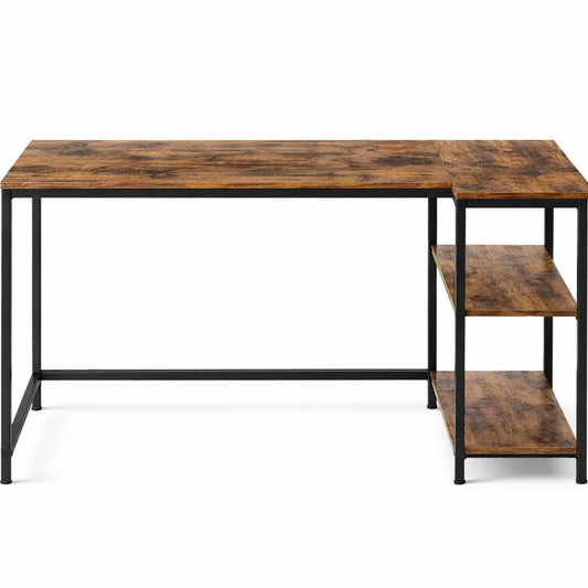 Bureau d'angle avec rangements et ports USB, étagères ajustables, 120 x 80 cm, marron rustique